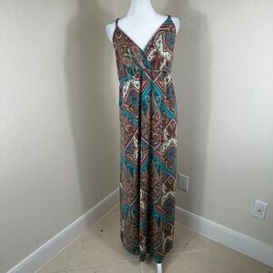 Rhapsody VTG Maxi Dress Womens XL Teal Pink Paisley Boho Sleeveless V-Neck Gown